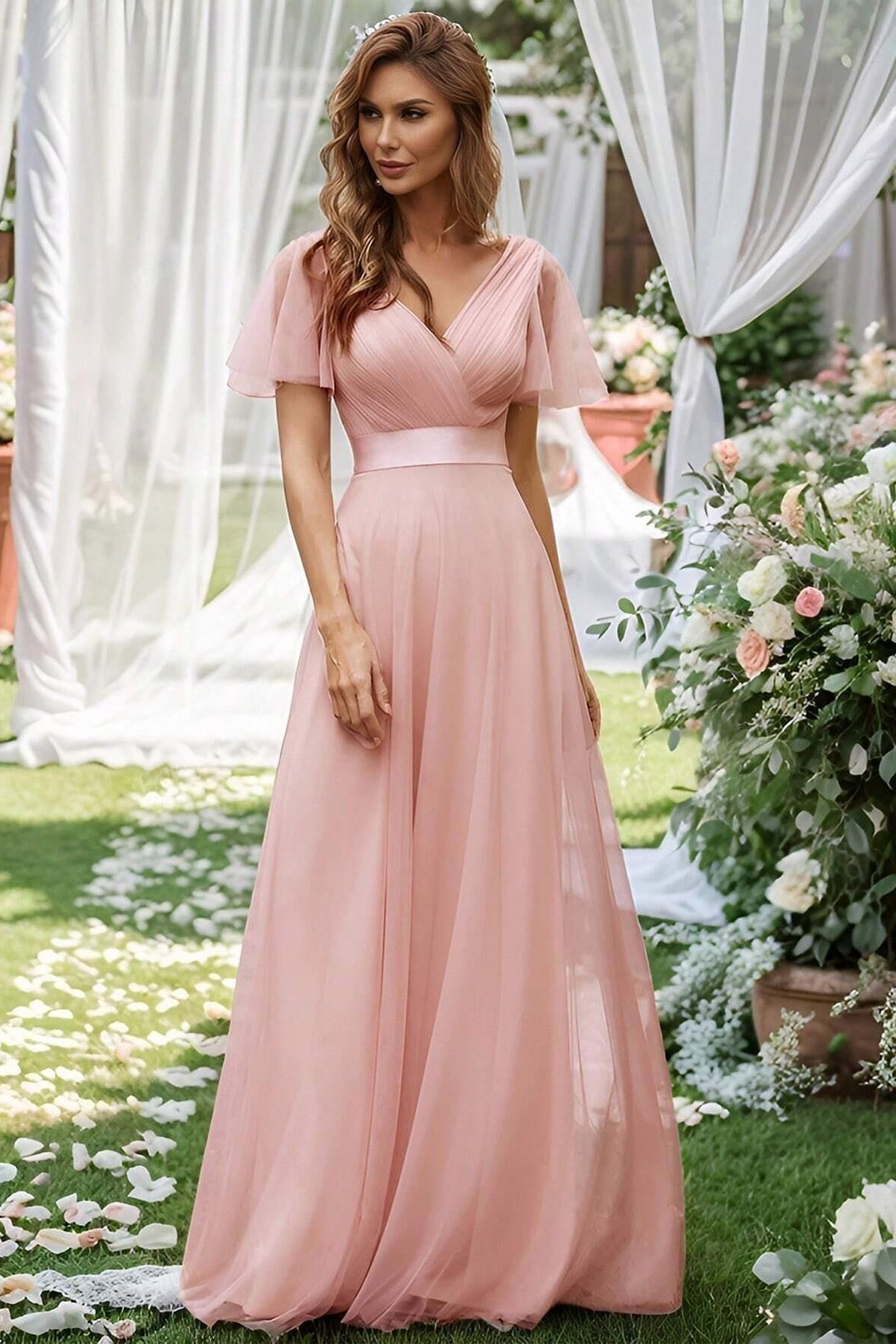 V Neck Mesh Elegant Ruffle Long Reception Dress image 7