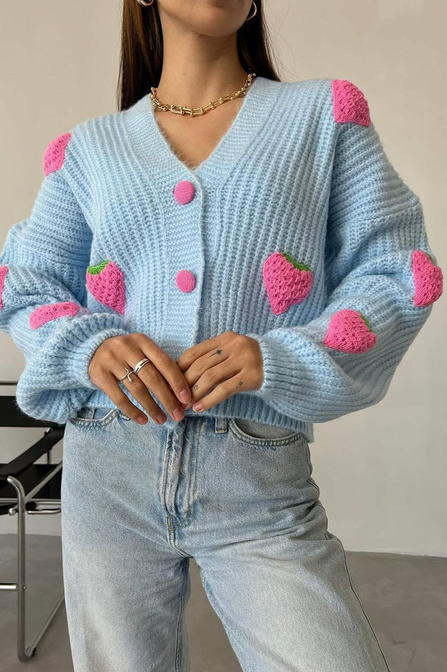 Strawberry Appliqué Chunky Knit Sweater image 16
