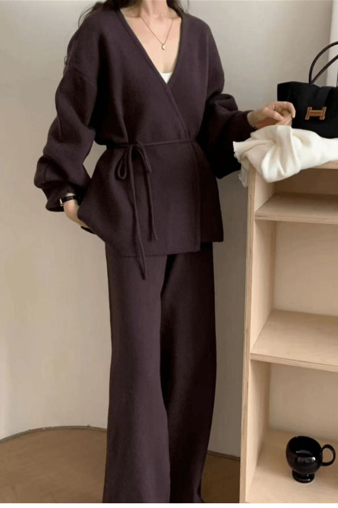 Loose Belted Knit Cardigan Wide-Leg Pants Two Piece Set image 5