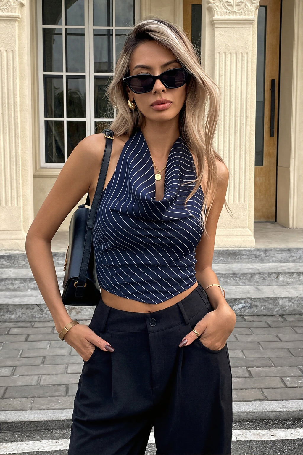 Elegant Striped Cropped Halter Top image 2