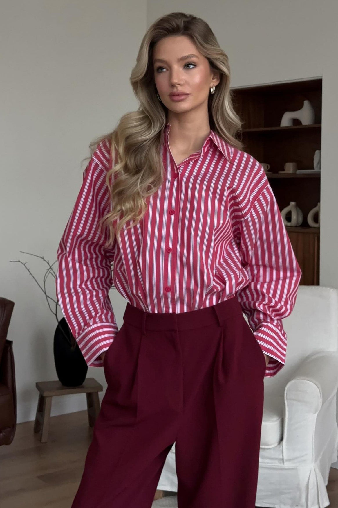 Red Striped Long Sleeve Distinctive British Blouse image 1
