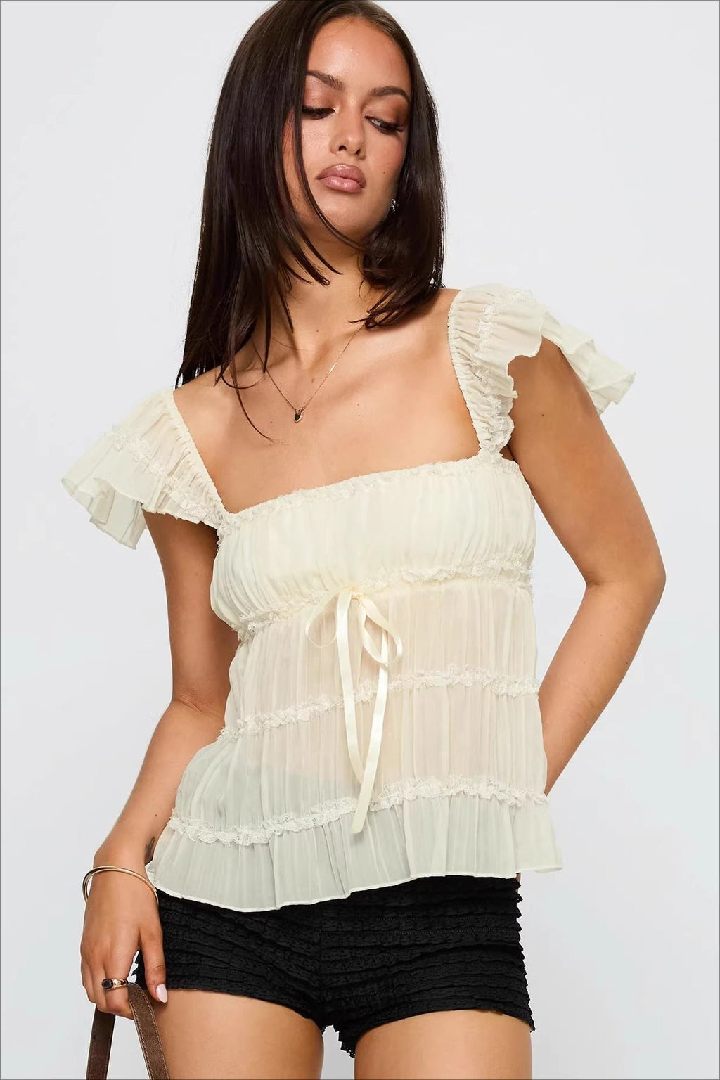 Sweet Lace Panel Ruffle Sleeve Cami Top image 1