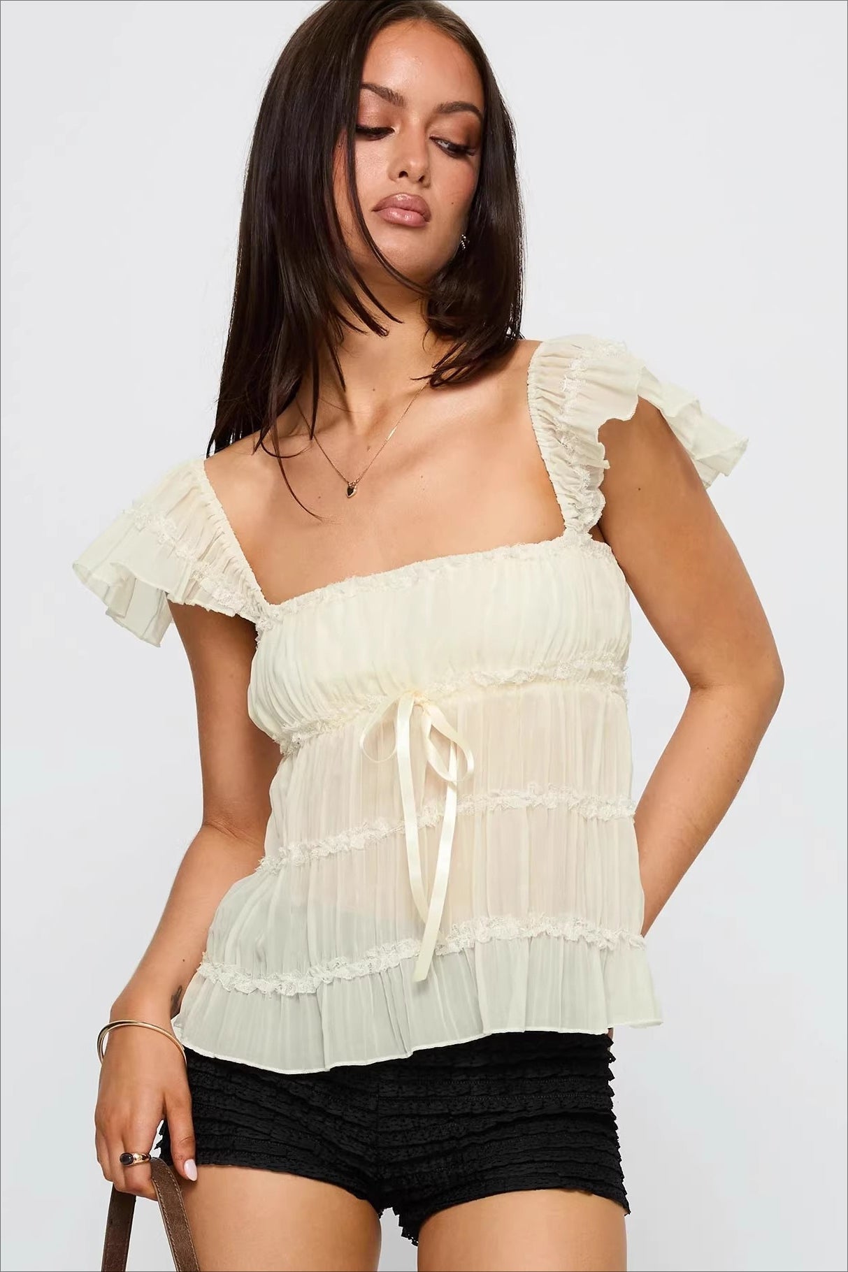 Sweet Lace Panel Ruffle Sleeve Cami Top image 1