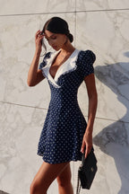 Vintage Lace Trim Polka Dot V-Neck Fitted Mini Dress image 3