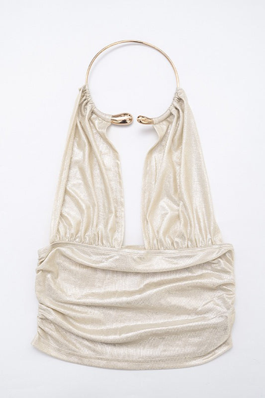 Glossy Metal Ring Backless Halter Top image 3