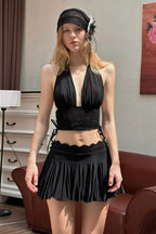 Solid Lace Deep V Slim Halter Skirt Set image 2