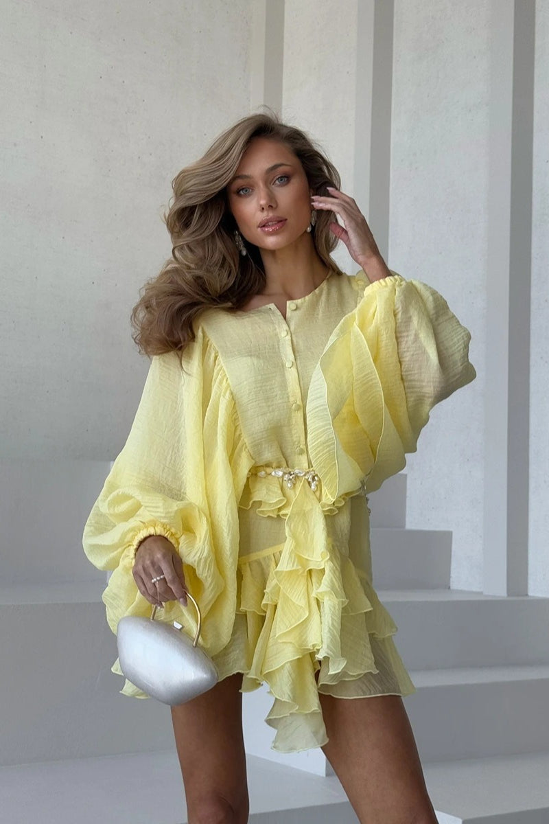 Round Neck Button Ruffle Bell Sleeve Mini Dress image 2