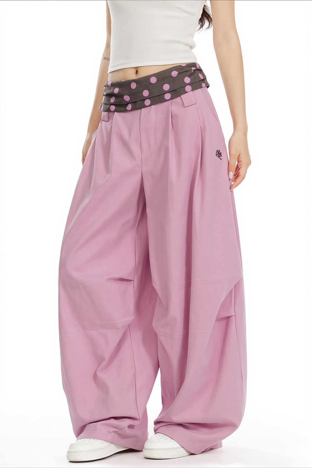 Splice Polka Dot Fold Waist Pants image 2