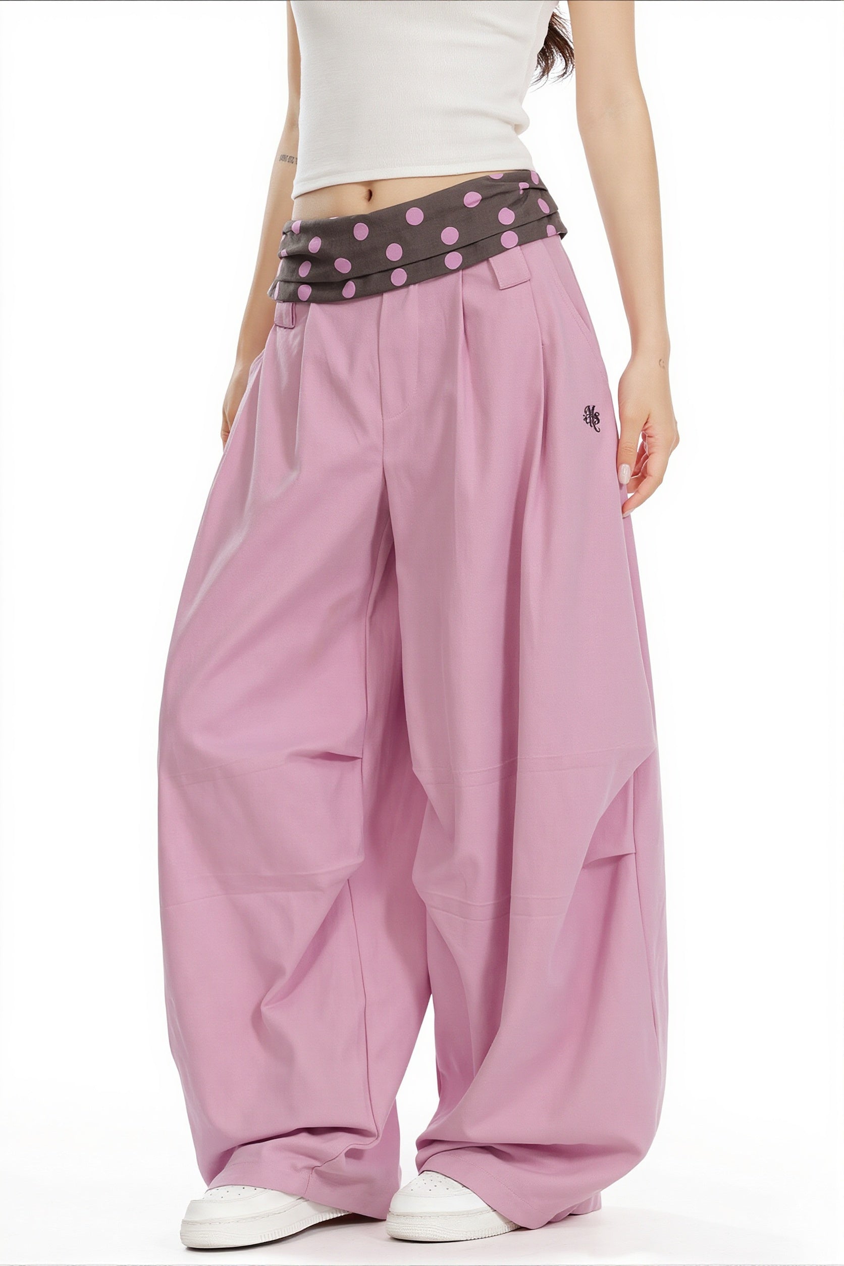 Splice Polka Dot Fold Waist Pants image 2