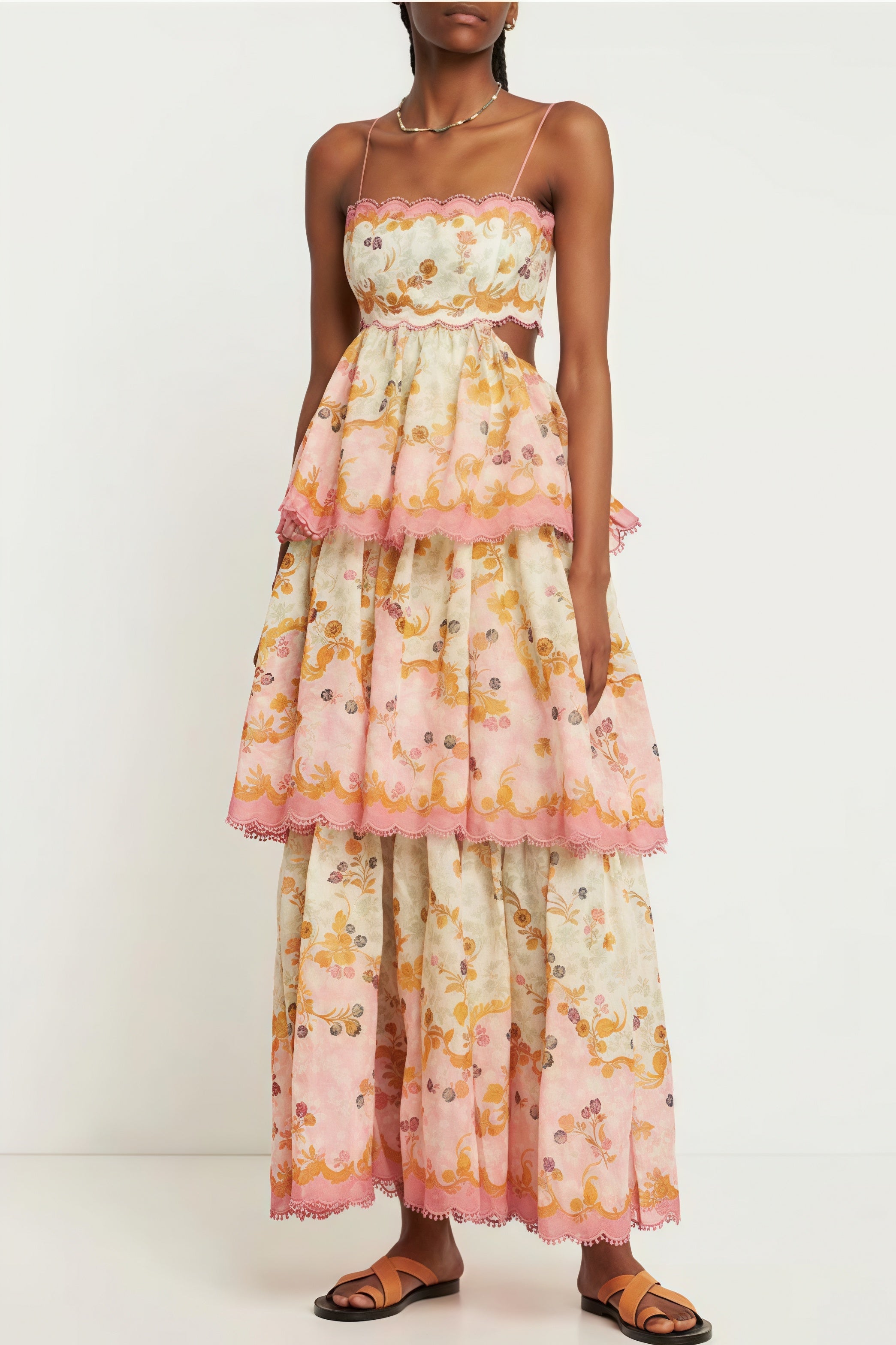 Fashion Tiered Spaghetti Strap Tassel Cutout Waist Embroidered Maxi Dress image 3