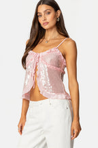 Sequin Tie Lace Trim Cami Top image 3