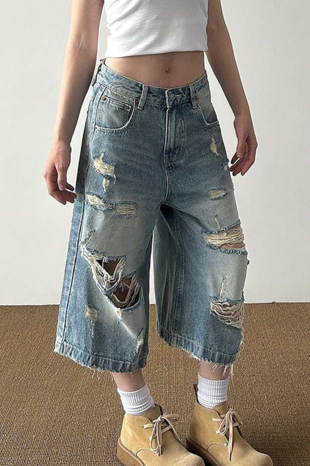 Retro Washed Ripped Whisker Cropped Jeans image 4