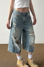 Retro Washed Ripped Whisker Cropped Jeans image 4