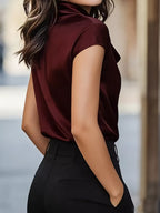 Isadora Satin Blouse detail view styled for Avrienne