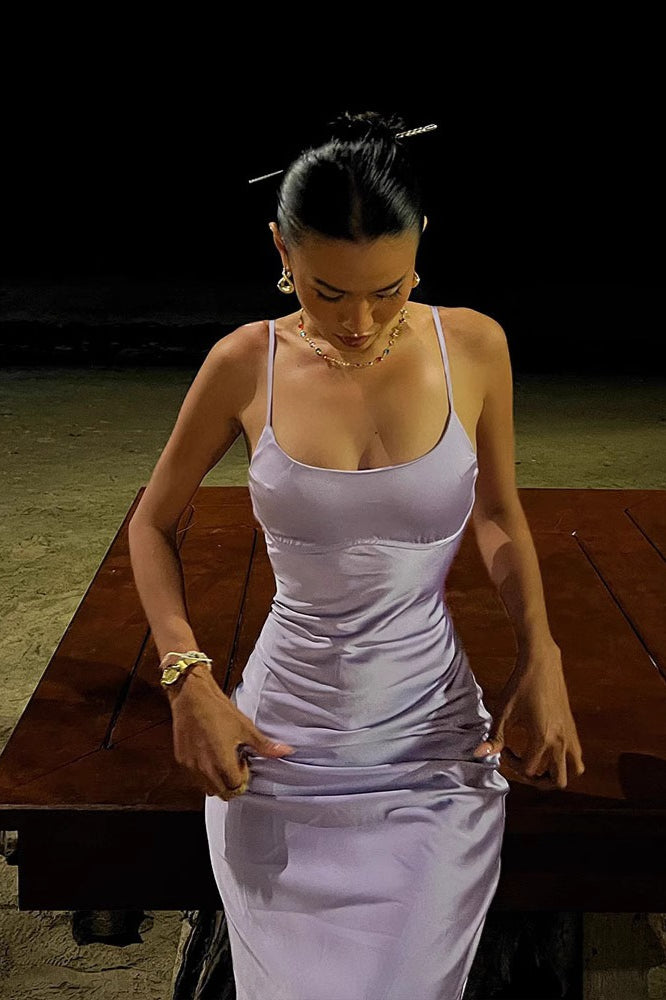 Pearl Satin Slim Fit Backless Cami Elegant Maxi Dress image 4