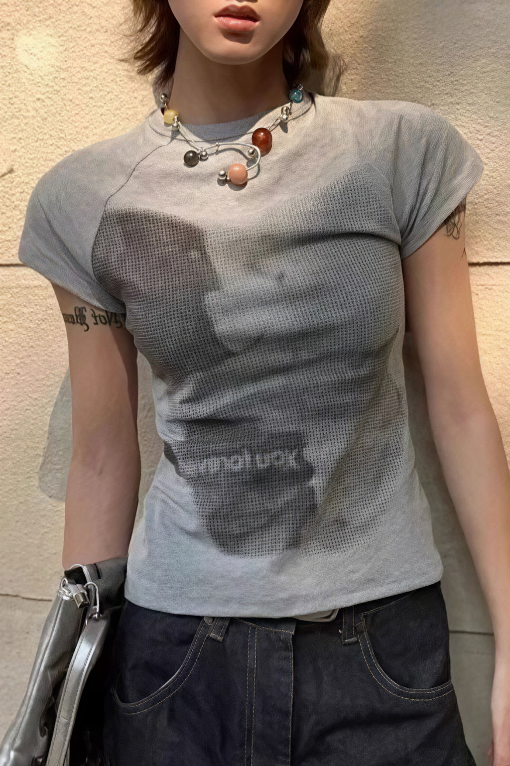 Bear Print Slim Cropped Cotton T-shirt image 5