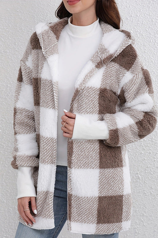 Plaid Fuzzy Hooded Mid-Length Coat image 3