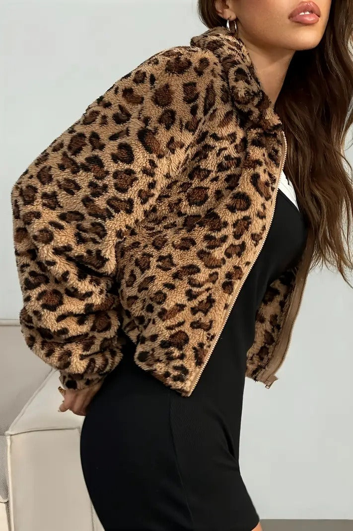 Elegant Leopard Print Hooded Zip-Up Coat image 1