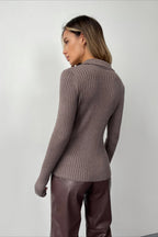 Polo Neck Fitted Ribbed Knit Sweater image 4