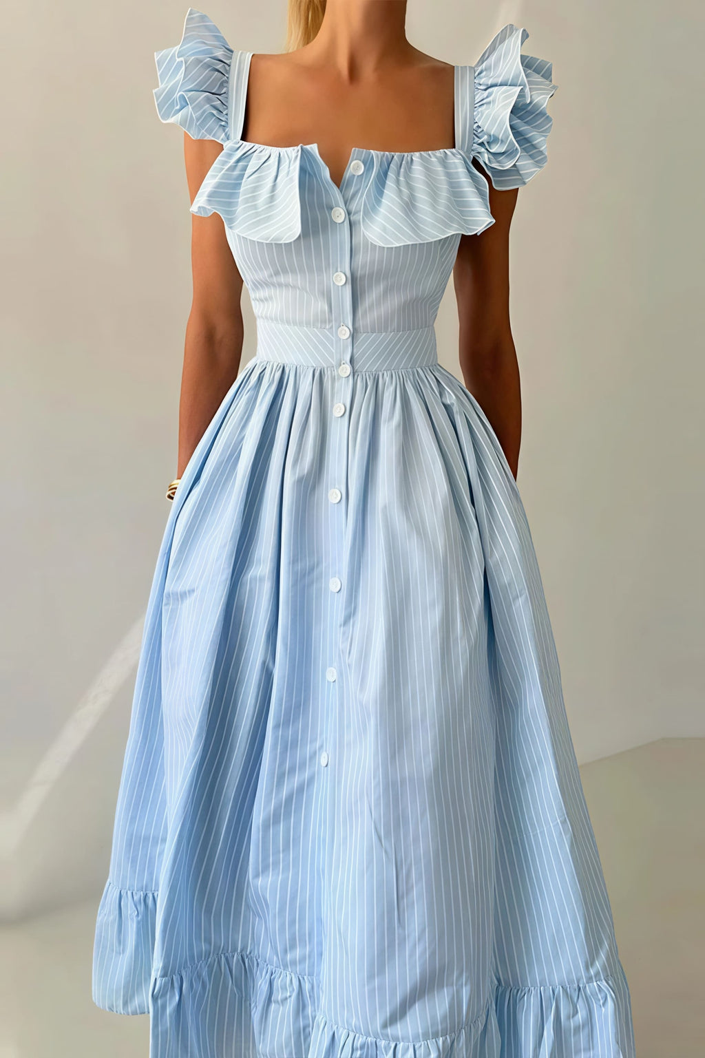 Ruffle Striped Square Collar Midi Dress image 6