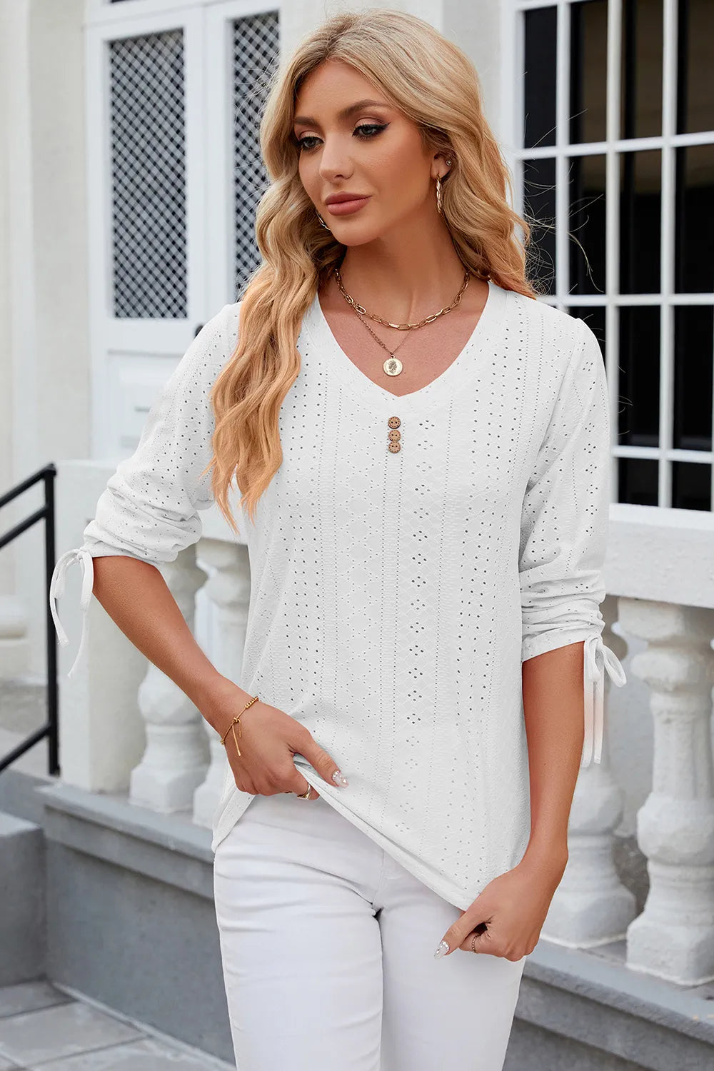 Petra Eyelet Top detail view styled for Avrienne