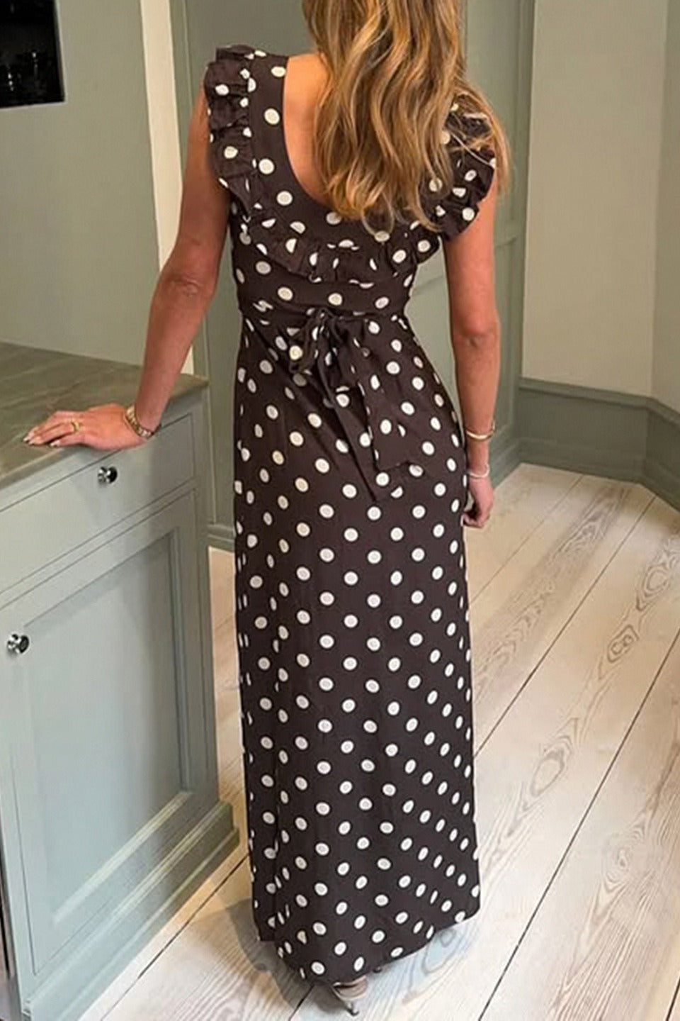 Polka Dot U-Neck Ruffled Bodycon Maxi Dress image 4