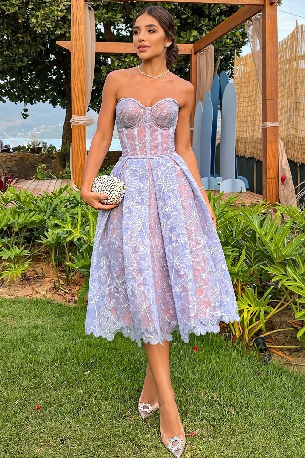 Elegant Lace Strapless Solid Midi Dress image 1