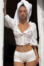 Cotton Hollow Puff Sleeve V Neck Tie Blouse image 5