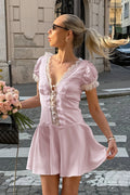Pink Satin Lace Puff Sleeve Mini Dress image 1