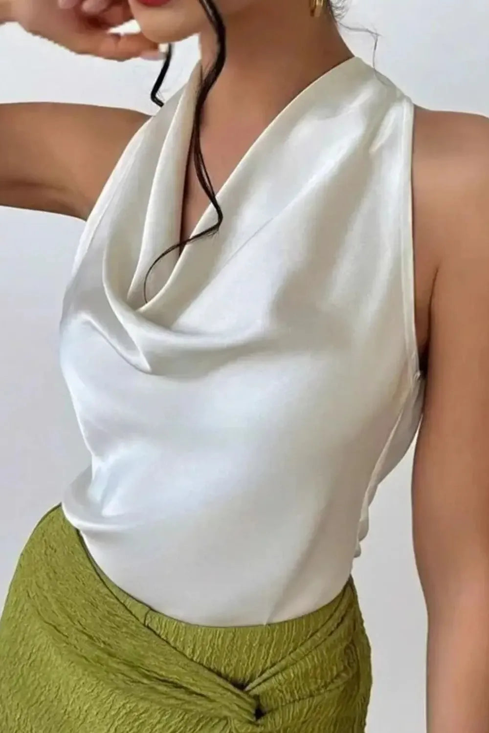 Cassia Satin Blouse detail view styled for Avrienne