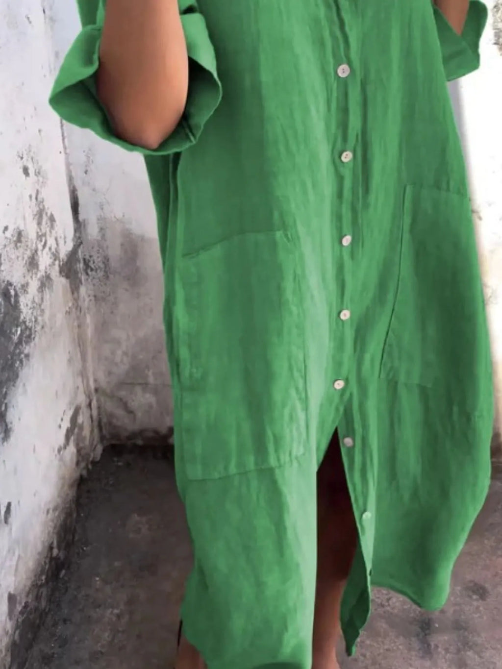 Marseille Linen Shirt Dress detail view styled for Avrienne