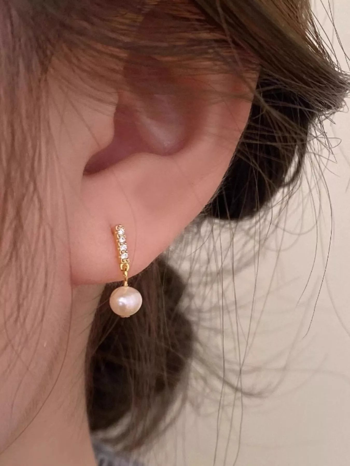 Liora Pearl Earrings detail view styled for Avrienne