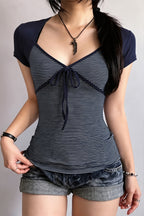 Striped Color Block Tie Fake Two Blouse image 2