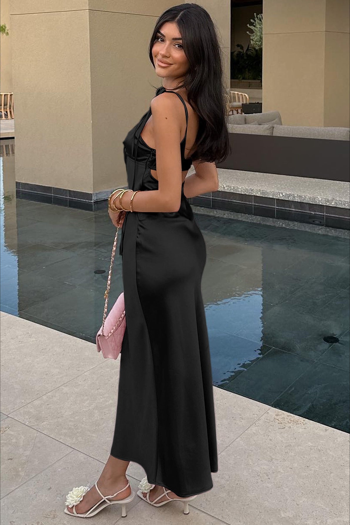 Satin Solid Strapless V Neck Tie Maxi Dress image 7