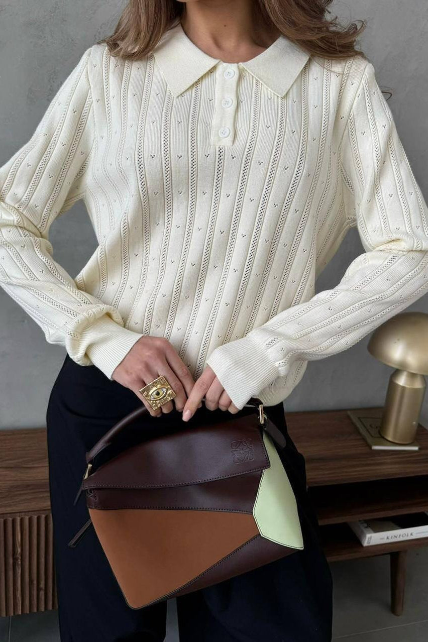 Jacquard Polo Collar Long Sleeve Loose Blouse image 8