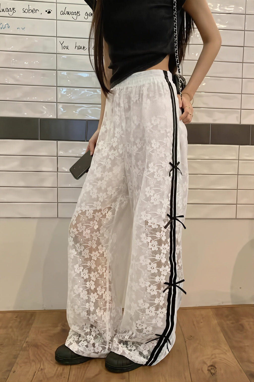 Hollow Out Bowknot Lace Splice Pants image 1