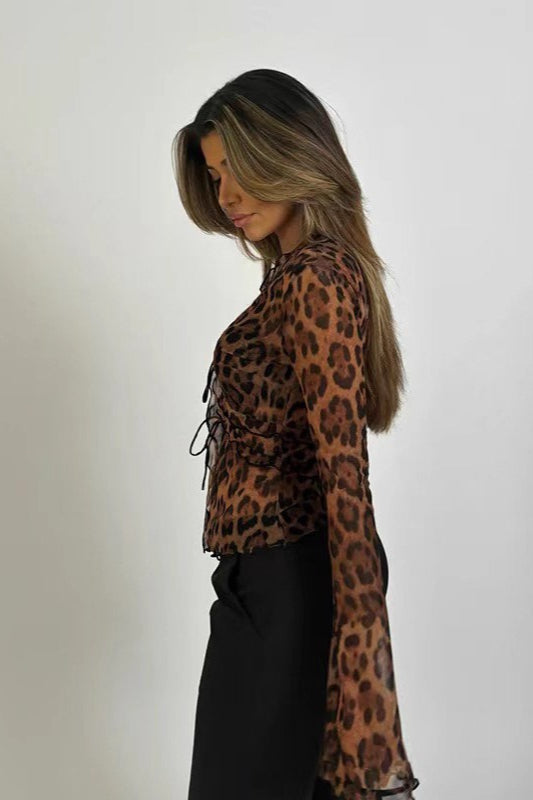 Sexy Leopard Print Sheer V-Neck Blouse image 3