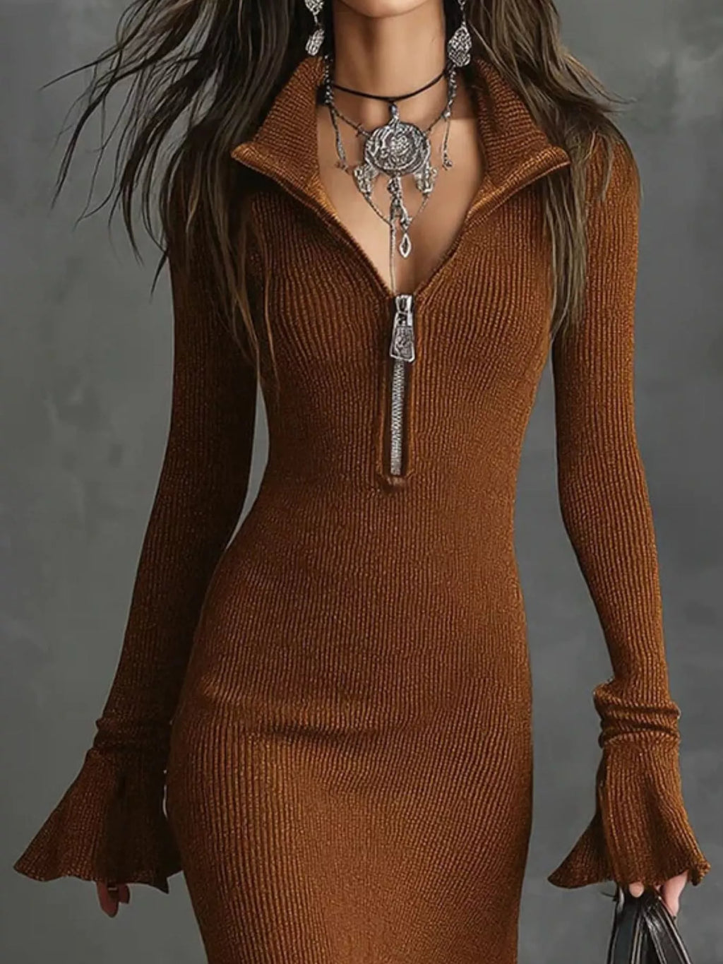 Valeria Ribbed Midi Dress detail view styled for Avrienne