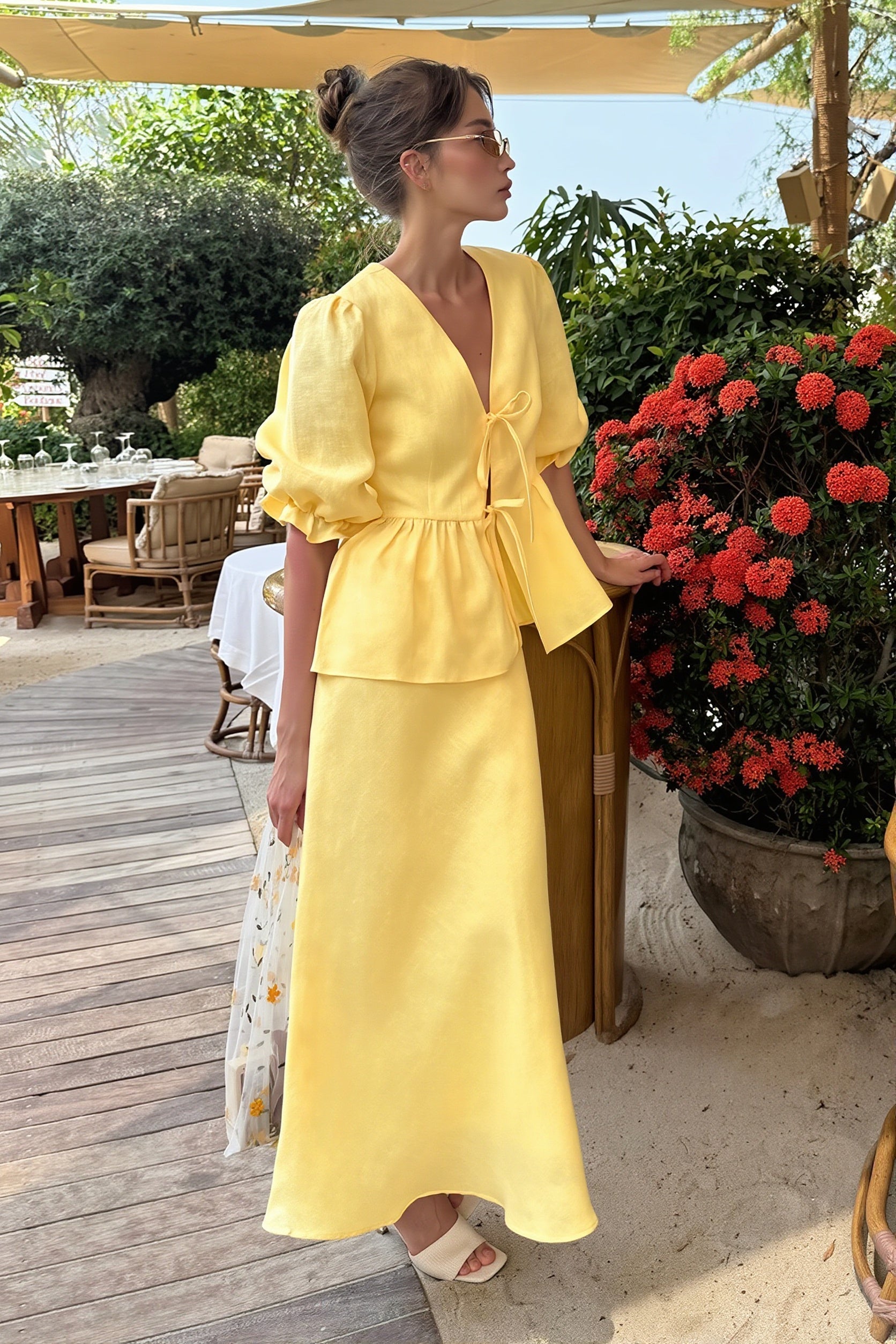 Chic V Neck Short Sleeve Ruffle Hem Skirt Sets image 2