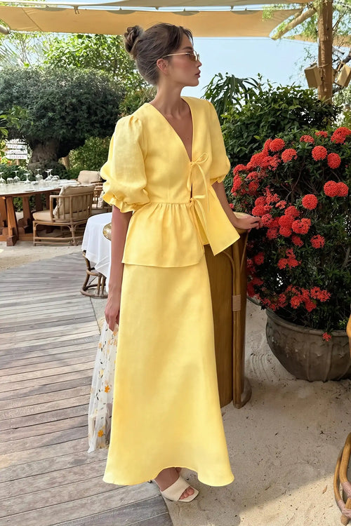 Chic V Neck Short Sleeve Ruffle Hem Skirt Sets image 2