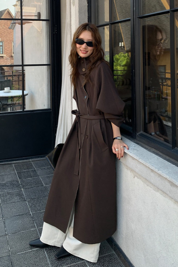 THE MIND British Style Contrast-Collar Long Overcoat image 8