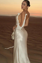Solid Satin Floral Backless Elegant Maxi Dress image 2