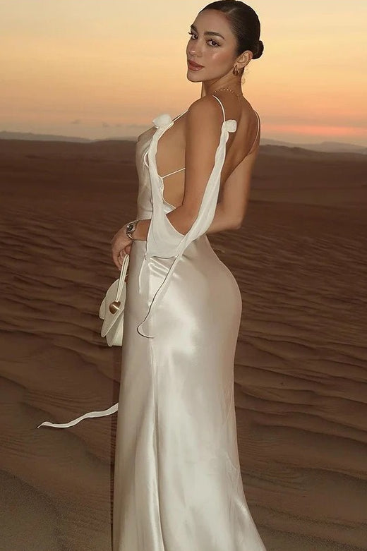 Solid Satin Floral Backless Elegant Maxi Dress image 2