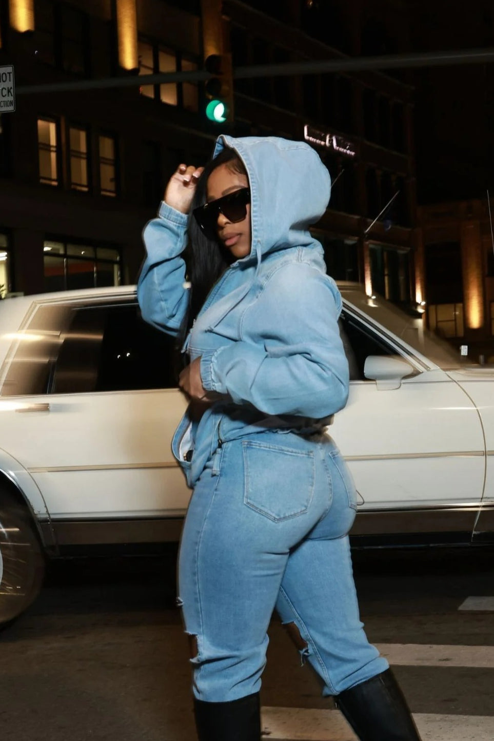 Street Style Washed Denim Hoodie image 3