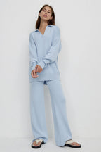Polo Collar Knit Pullover Wide-Leg Pants Two Piece Set image 13