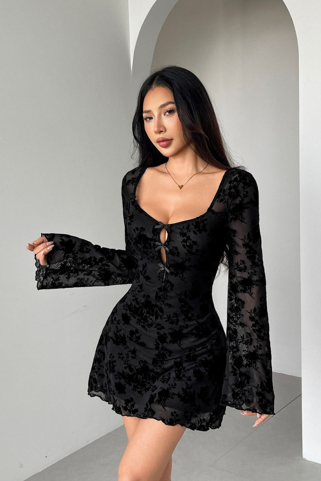 Flocked Floral Cutout Bow Long Sleeve Mini Dress image 1