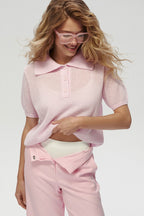 Minimalist Polo Hollow Knit Puff Sleeve Blouse image 5