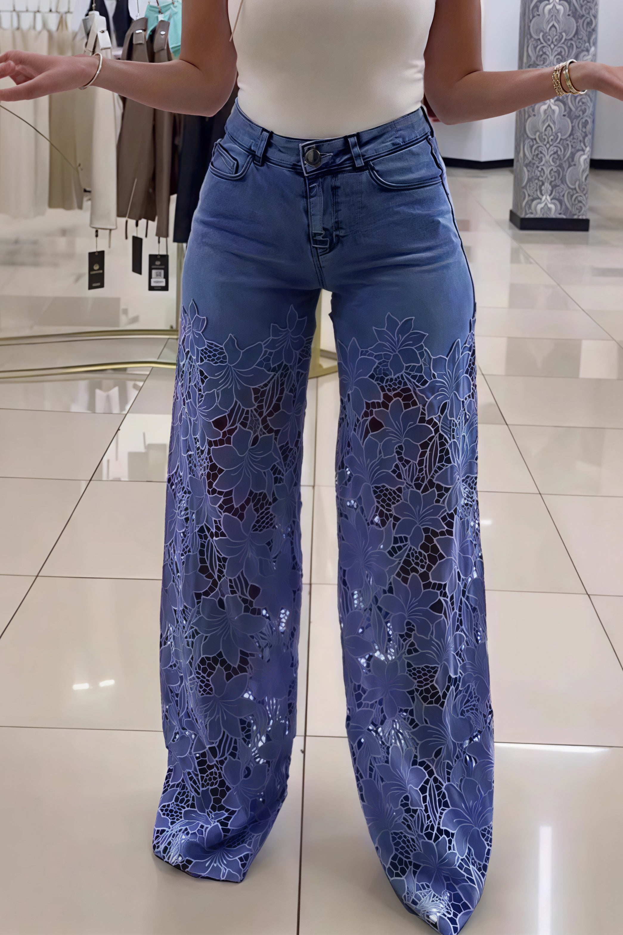 Lace Spliced Hollow Straight Jeans image 3