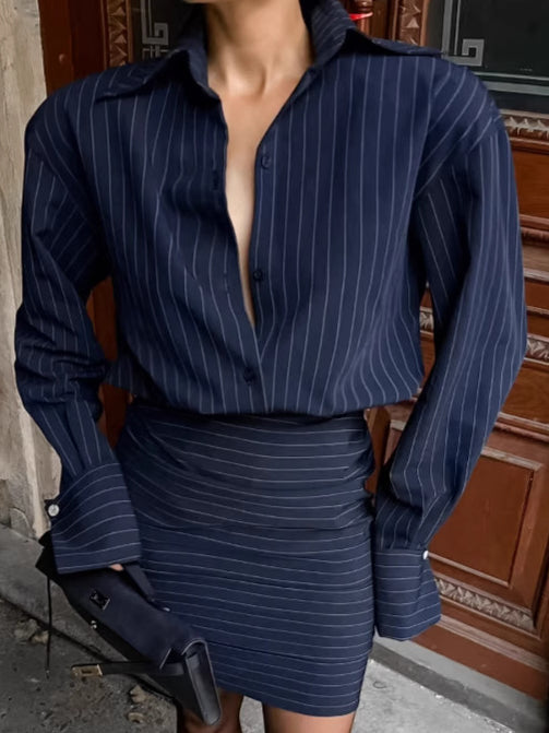 Striped Long Sleeve Shirt Dress Blouse image 3