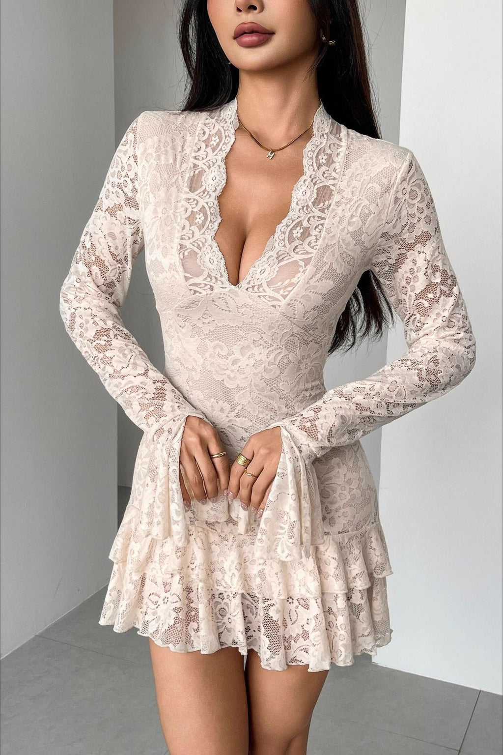 Lace V-Neck Double Ruffle Fitted Mini Dress image 4